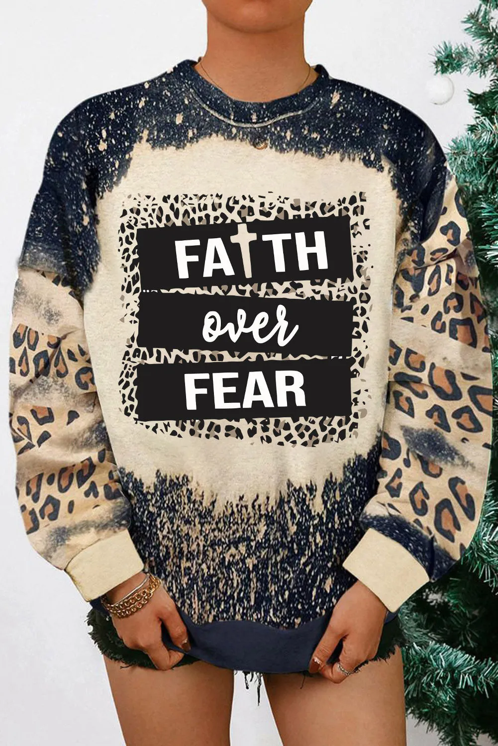 Black Faith Over Fear Leopard Bleached Print Graphic Sweatshirt