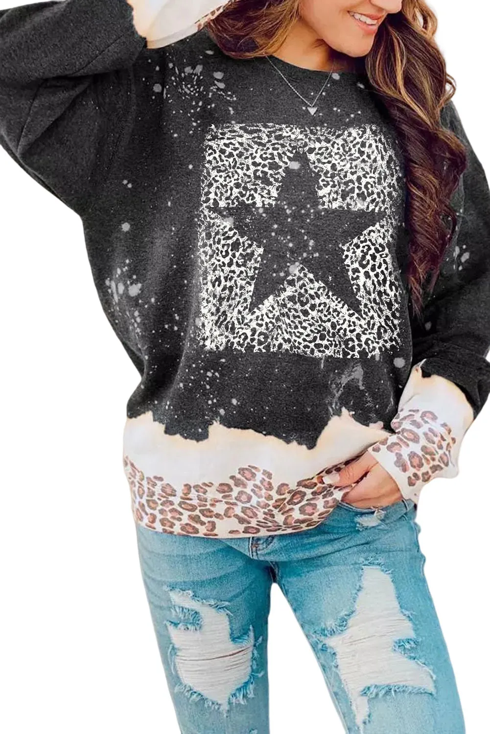 Black Leopard Star Color Block Pullover Sweatshirt