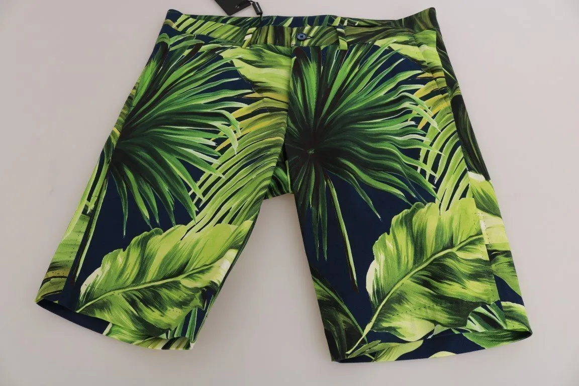 Green Leaves Print Cotton Stretch Shorts