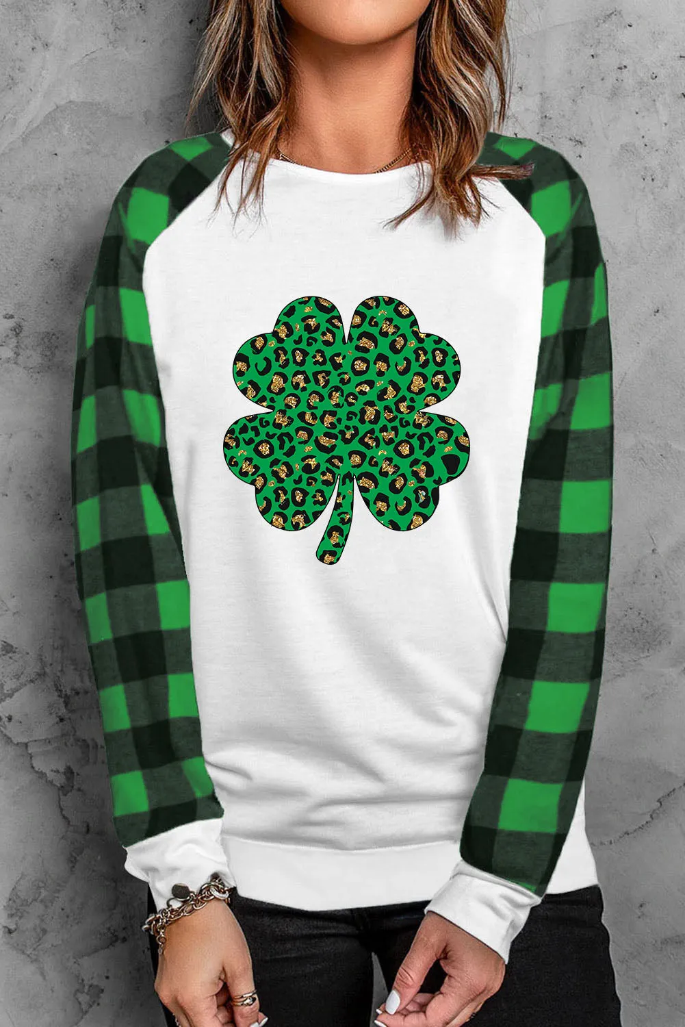Green Leopard Four Leaf Clover Print Plaid Raglan Sleeve Sweatshirt