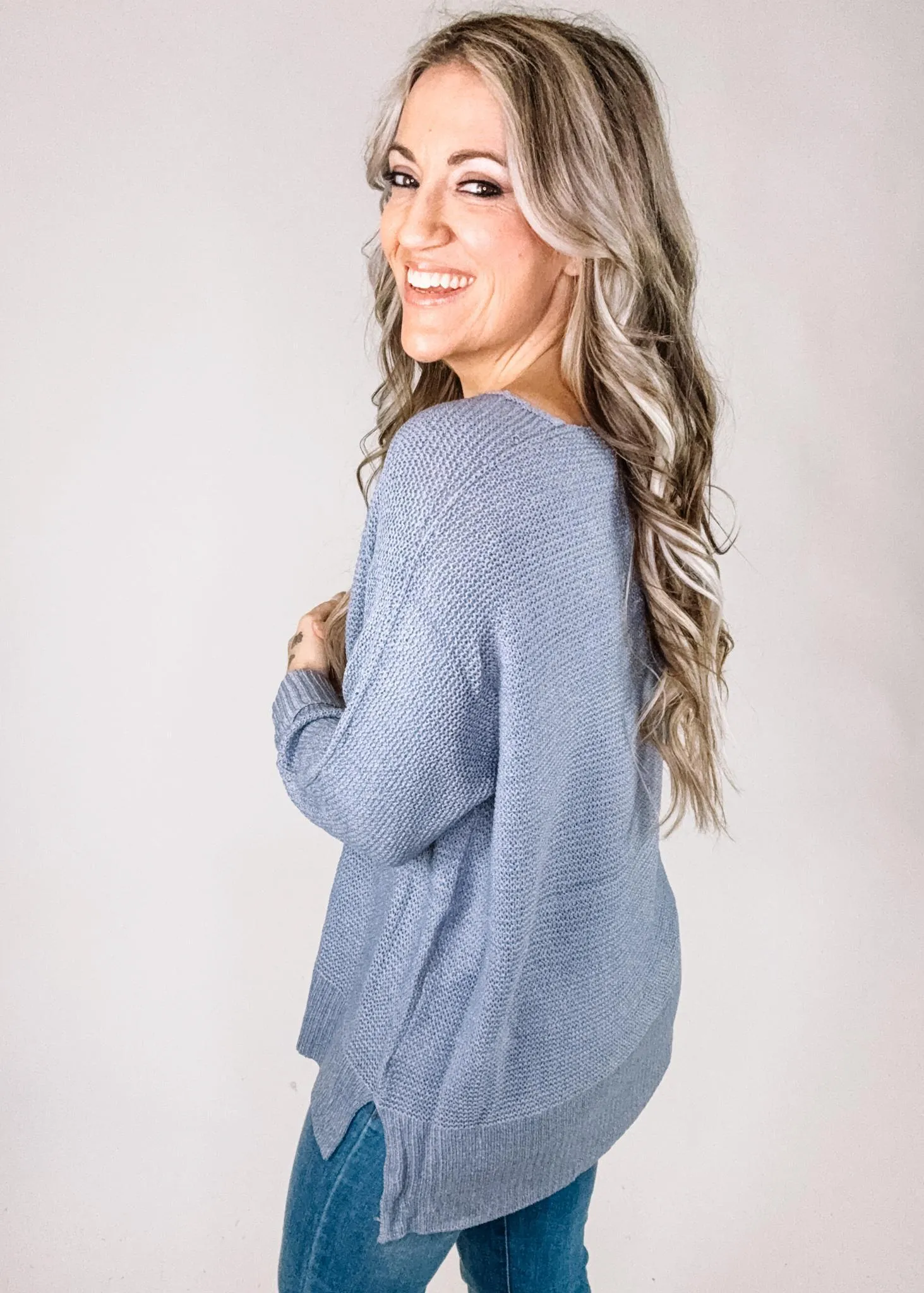 Slate Blue V Neck Knit Sweater