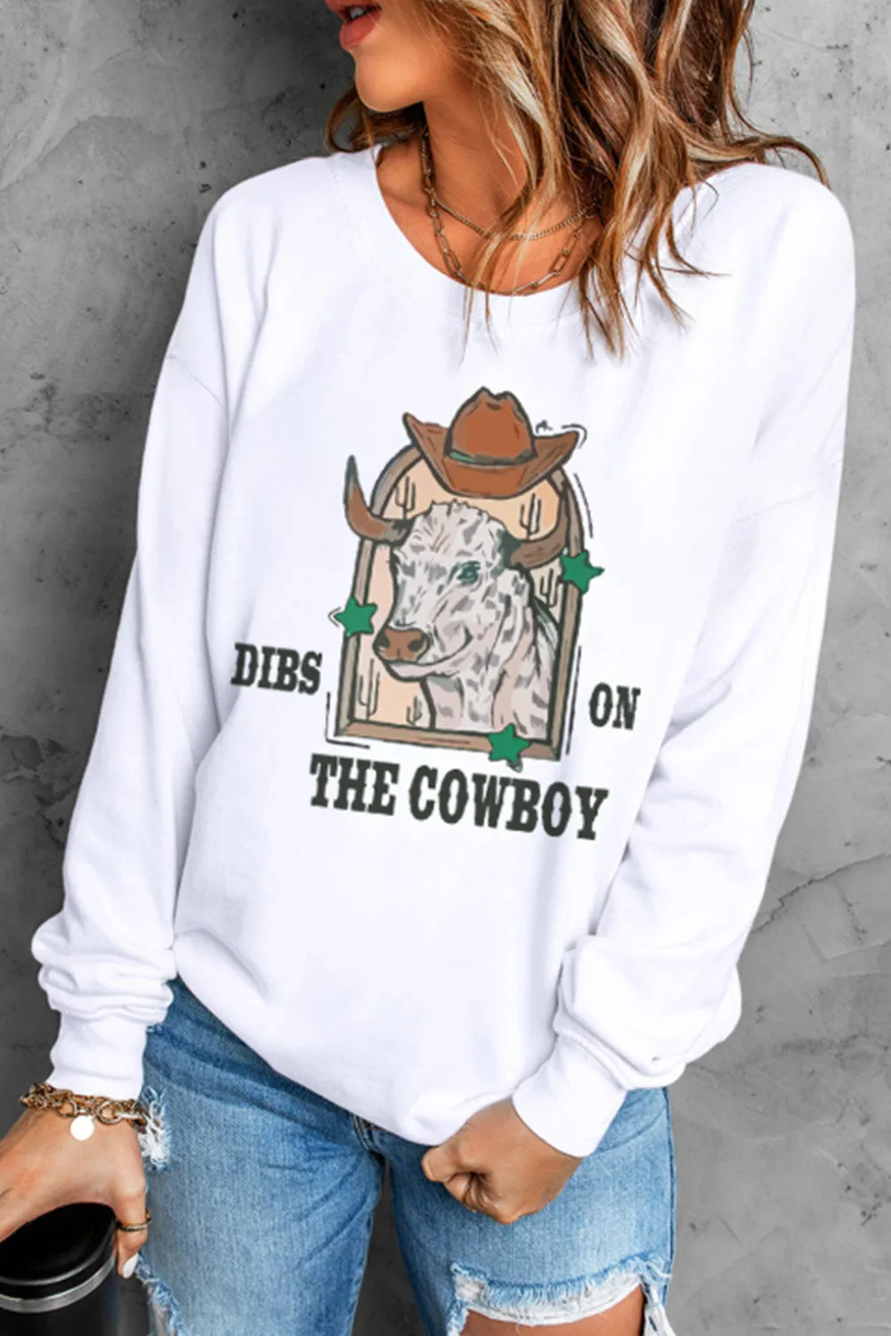 White DIBS ON THE COWBOY Graphic Print Pullover Sweatshirt